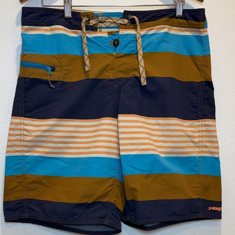 Patagonia Men’s Navy, Teal & Olive Striped Boardshorts